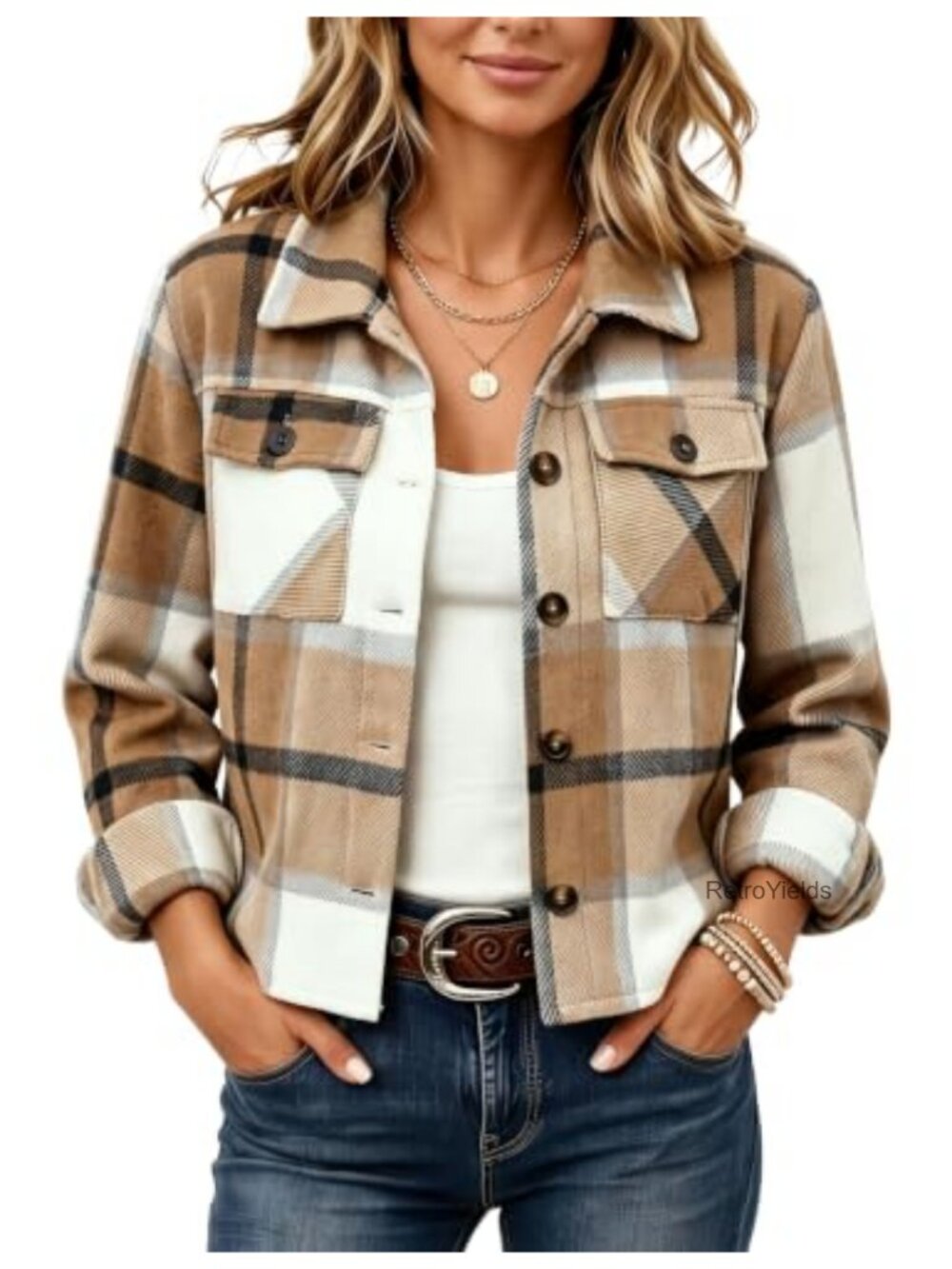 Cropped Plaid Flannel Shacket Button Down Shirt Jacket